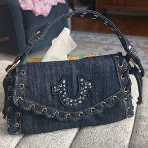 True Religion Dark Denim Shoulder Bag with Gold Accents